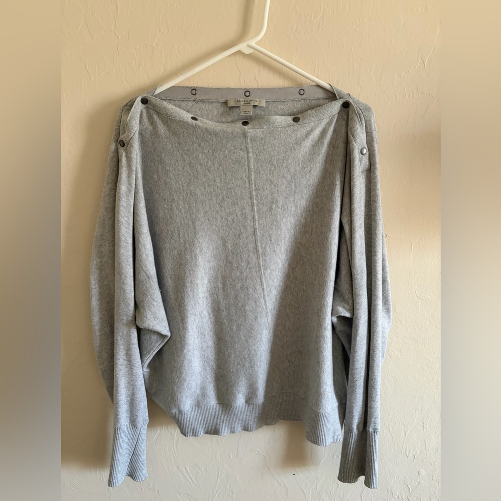 All Saints Gray Off-the-Shoulder Button-Trim Sweater
